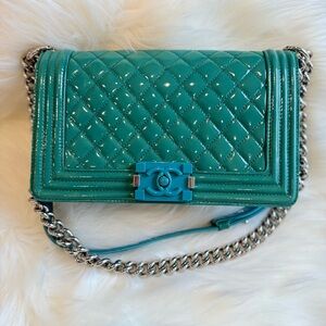 Chanel Green Quilted Patent Leather Medium Boy Bag
